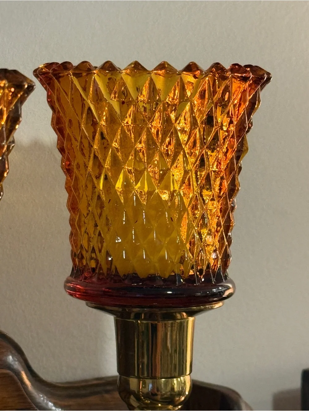 Homco Amber Diamond-Pattern Glass Candle Shades - Pair